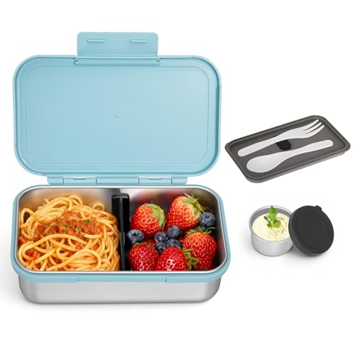Reeple Stainless Steel Lunch Box, Leak-Proof Metal Bento Box with Adjustable Divider, Lunch Container for School Office Picnics & Travel, Microwave-Safe, Blue