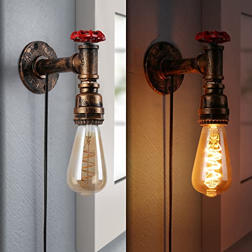 Image of Industrial Set of 2 Wall Lamps with Plug in Cord for Bedroom Bedside Lighting Brass Brush Gold Water Pipe Steampunk Decor Sconces with Mounted Fixtures E26 Socket with Switch Farmhouse Wall Lamps