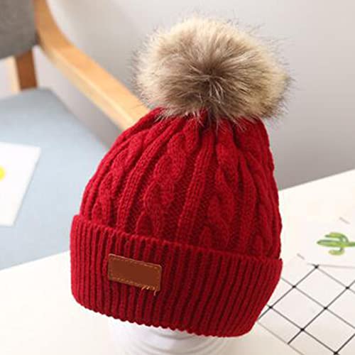 Kids Winter Hat Toddler Knitted Pom Beanie Hat Cotton Lined Faux Fur Pom Pom Cap Baby Girls Boys Beanies 1-6 Years Old Light Pink3