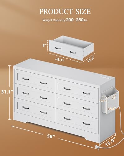 DWVO Farmhouse 6 Drawer Dresser for Bedroom, 59.5 Inch Large Modern Dresser TV Stand with Large Drawers & Bar Handles, Storage Dressers with Power Outlets, Rustic Wood Chest of Drawers, White New
