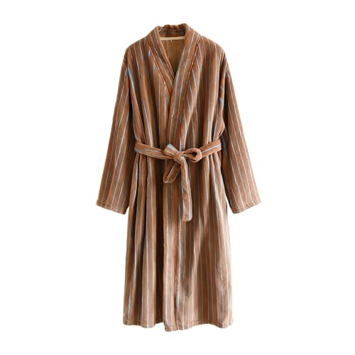 Striped Cotton Bathrobes for Women Fleece Plush Fluffy Fuzzy Cozy Winter Warm Bathrobe Shower Spa House Long Robe Brown