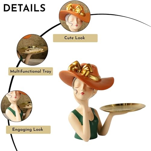 Image of ARMONIA Modern Decorative Sculpture with Detachable Gold Color Tray, Designed by European Designer, Orange Hat and Green Dress