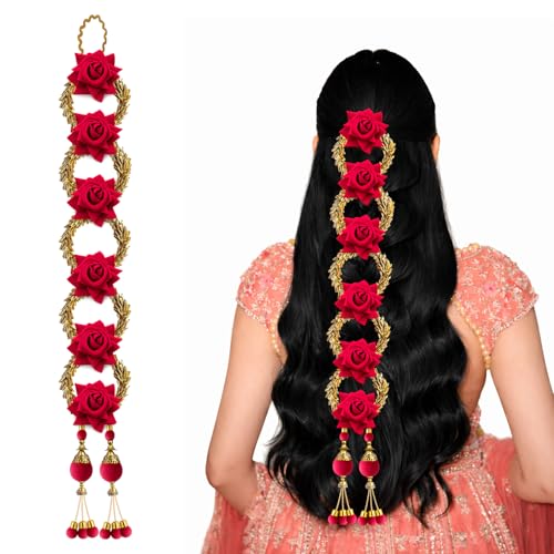Image of Artificial Rose Floral Hair Parandi with Tassels | Bridal Braided Choti Hair Accessory for Wedding, Mehndi & Festive occasion-1 Pc Magenta & Golden