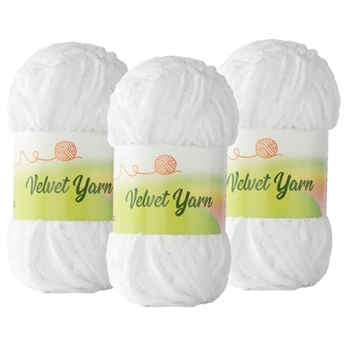 HouseABC Velvet Yarn 3 Pack of Fluffy Bulky Soft Chenille Yarn for Crocheting and Knitting DIY Crafts Plush Projects (100g/3.5oz 87 Yards Each 3 Skeins White)