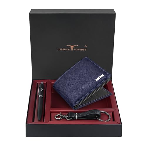 Image of URBAN FOREST Kenny Blue /Grey Leather Wallet, Black Pen & Keychain Combo Gift Set for Men