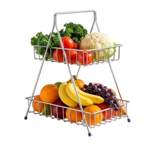 Image of Homeor Counter Top 2-TierFruit & Vegetable Basket For Dining Table, Centre Table I Metal Fruit Bowl or Bread Basket Vegetables Storage Organizer Holder, Multi-Purpose Basket for Kitchen & Home, Chrome