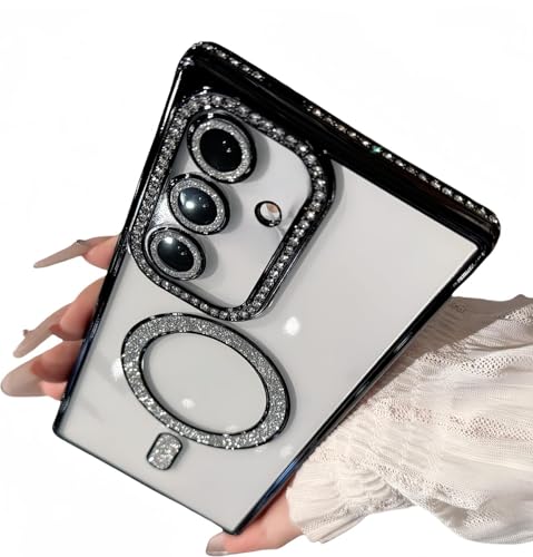 Image of for Samsung Galaxy Glitter Case,Luxury Bling Rhinestone Diamond Plated Bumper Case,MagSafe, Sparkle Camera Lens Protection Clear Back Cover (Black, for Samsung A15 5G)