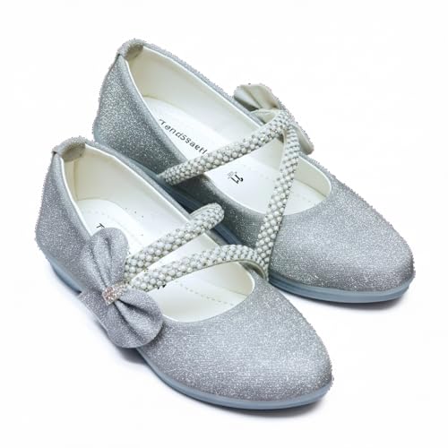Image of Girls' Patent Mary Jane Shoes with Floral Embellishment, Attractive Colour's, Pearl Flower Welcro Glittery Bellies
