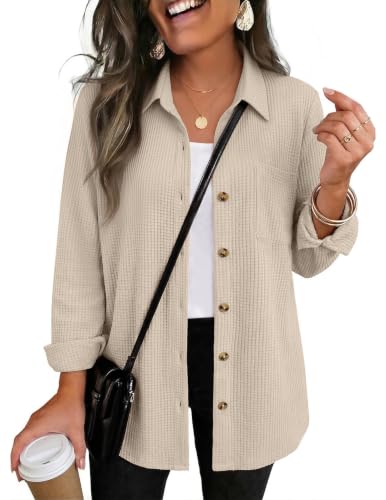 Zeagoo Women's Apricot Waffle Knit Button Down Shacket – Fall Layering Shirt in Size L