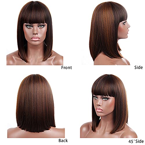 Kalyss Blunt Bob Short Hair Wigs For Women Heat Resistant Yaki Synthetic Hair Brown Highlights Women?S Wig With Hair Bangs (Brown) #TOP4