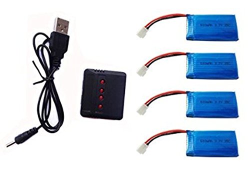 YUNIQUE GREEN CLEAN POWER   Conjunto de Cargadores 1 a 4 y Baterías Lipo 500mAh para Drones | Compatible con Hubsan X4, V252, Syma X5C, JJRC | Carga Eficiente, 42X20X8 mm   13,5 gr, Azul