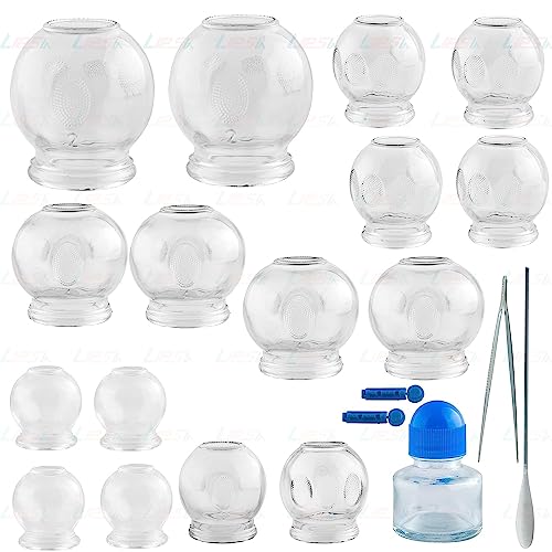 Ykid 16 Cups Chinese Medical Magnetic Acupuncture Vacuum Cupping Set Professional Cupping Kit Cupping Therapy Set 16 Glass Cups for Acupuncture Vacuum Therapy