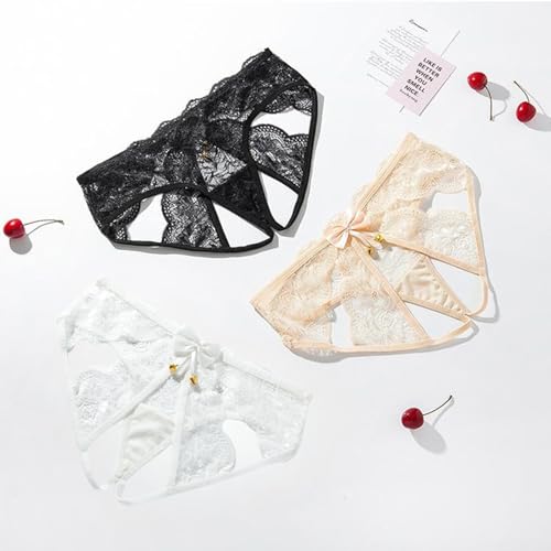 [LIKENNY] セクシー ショーツ レディース パンツ Tバック 過激 変態 sm ランジェリー 女性 オープンクロッチ 穴あき （黒+白+ピンク） 3点セット 蝶結び付き レース シースルー クロッチレス ショーツ 紐パン パンツ は音がなる鈴付き - 画像4