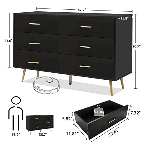 Maisonpex 6 Drawer Dresser For Bedroom, Black Modern Wood Dresser With Metal Handles, Chest Of Drawers, Sturdy Frame Bedroom Furniture, Dressers With Drawers For Closet Hallway, Living Room #TOP1