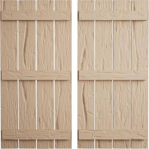 Ekena Millwork 23 1/2"W x 72"H Rustic Four Board Spaced Board-n-Batten Hand Hewn Faux Wood Shutters (Per Pair), Primed Tan