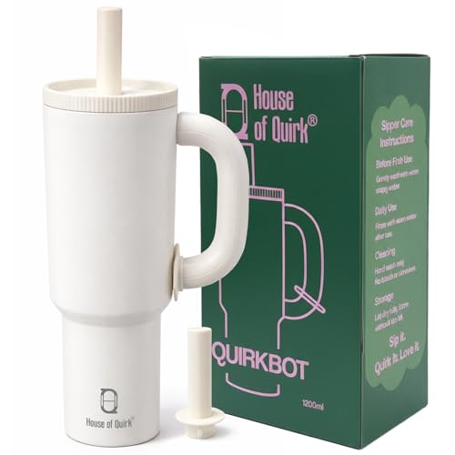 Image of House of Quirk 1200ml Stainless Steel Tumbler with Handle, Straw & Straw Cap | Leakproof Water Bottle | Large Capacity Travel Mug (Vanilla)