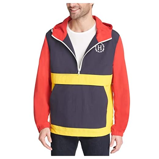 Tommy Hilfiger Men's Lightweight Taslan Hooded Popover Windbreaker Jacket, Navy/Yellow/Red Crest Color Block, Large