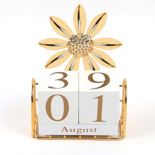 ASUNFO 1 Set Wooden Block Calendar for Desk Wood Perpetual Calendar Daily Desktop Perpetual Calendar Month Date Display Blocks Sunflower Desk Accessories for Home Office Decor