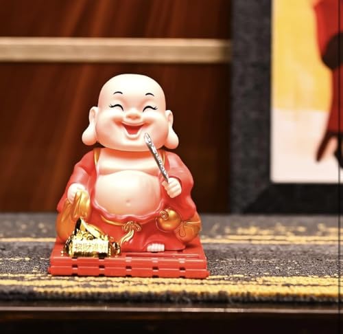 Tarash Luxe Solar Buddha Monk with Moving Head & Money Potli – Feng Shui Good Luck Buddha Idol for Car, Home & Office Decor | Spiritual Gift Housewarming & Festivals