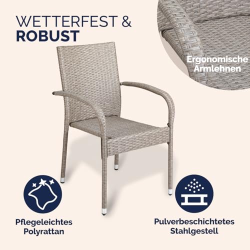 Miniatura 5 de Casaria Set 8x Sillas Jardín Poliratán Apilables 160kg Asiento Ergonómico Reposabrazos Resistente Intemperie Interior Exterior Terraza Balcón Crema
