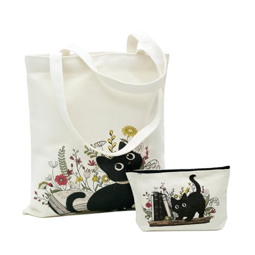 Image of Avezano Cat Canvas Tote Bag and Makeup Bag for Women Girls Floral Cat Reusable Aesthetic Canvas Tote Bag Set for Shopping Work Travel Birthday
