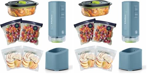 Image of FoodSaver Mini Handheld Vacuum Sealer Machine with Marinate Setting & Charging Dock, Cordless Food Vacuum Sealer for Freezer, Storage, Sous Vide, Meal Prep, Blue, Small + Accessories (Pack of 2)
