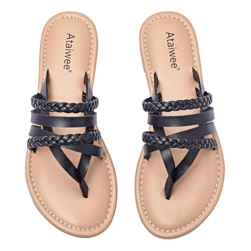 Image of Ataiwee Women's Flat Slide Sandals - Comfortable Open Toe Design,Casual Slip-On with Ankle Strap,Hook-and-Loop Closure Summer Sandals.