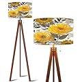QFHOMTEOL Wood Tripod Floor Lamp Seamless Sunflowers Black White Style Modern Standing Lamp Linen Lampshade Dimmable Tall Lamp Mid Century Floor Lamp for Living Room Bedroom