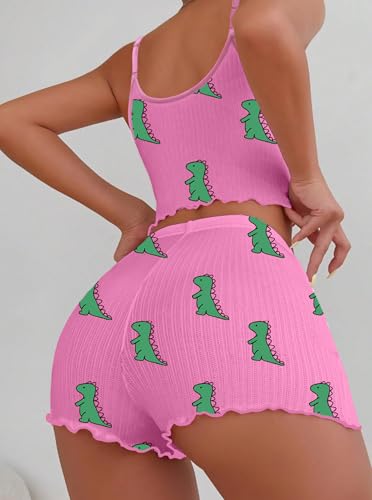 Image of Hilinker Women's Sexy 2 Piece Pajama Set Ribbed Cami Top and Shorts Sleepwear Cute Pjs Pink Dinosaur X-Large
