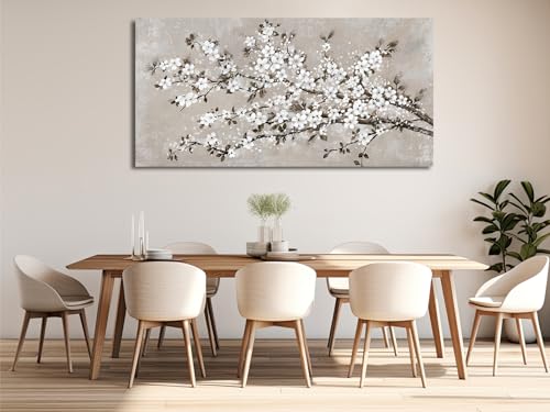 Image of VEAEE White Blossom Branches Wall Art - Floral Canvas Prints Living Room Decor Abstract Flowers Painting Canvas Pictues, Contemporary Artwork Bedroom Office Kitchen Wall Decor Ready to Hang 29 inchx58 inch