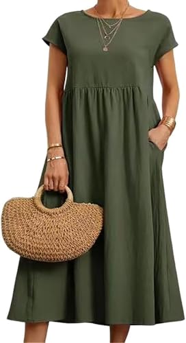 Image of BIRW Cotton Linen Dresses for Women 2025 Summer Casual A Line Flowy Dress Beach Vacation Midi Gauze Dress with Pockets