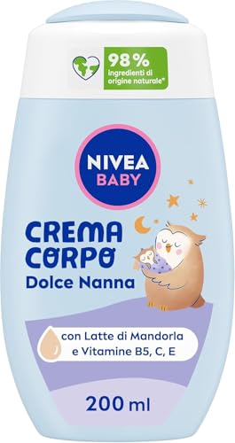 NIVEA BABY Crema Corpo Dolce Nanna 200ml, Crema corpo bambini e neonato per una pelle nutrita e protetta con Latte di Mandorla e Vitamine, Formula profumata per conciliare il sonno
