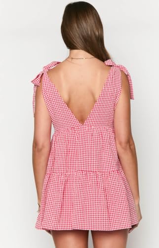 Image of Women Tie Shoulder Mini Dress Floral Ruffle Babydoll Dress Boho Square Neck Sundress Cute Summer Dresses