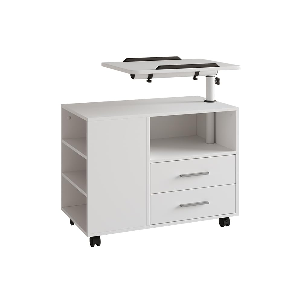 Vicco Mesilla de Noche Bora, Blanco, 80 x 88 cm | con superficie de trabajo ajustable, con tablero de trabajo giratorio y ruedas para un uso flexible