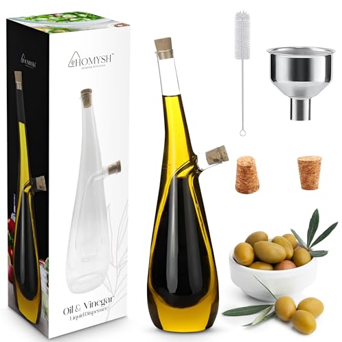 Homysh Vinagrera y Aceitera 2 en 1, Dispensador de Aceite y Vinagre de Vidrio con Doble Camara, 13 oz, Tapones de Corcho, Embudo y Cepillo Incluidos...