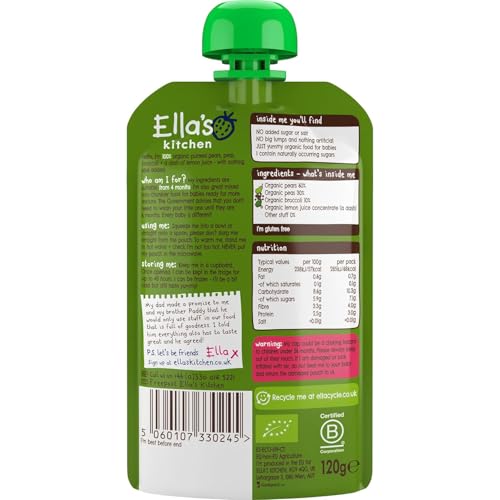 Ella's Kitchen Organic Pears, Peas and Broccoli Puree, 4+ Months Baby Food, Gluten & Dairy Free - 120g