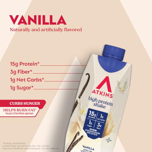Image of Atkins Vanilla High Protein Shake, 15g Protein, Low Glycemic, Low Carb and Low Sugar Protein Shakes, Keto Friendly Ready to Drink Shakes, 12 Vanilla Flavored Protein Shakes