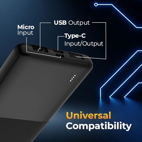 Image of JUST CORSECA 10000mAh Power Bank | 12W Fast Charging | Dual USB-A & Type-C Input /Output | LED Battery Indicator | Portable Battery Backup for Smartphone, Tablet & Earbuds (Black)