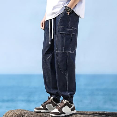 XYXIONGMAO Men's Blue Washed Multi-Pocket Loose Cargo Pants Functional Hip Hop Techwear Casual Jeans Streetwear Slacks3