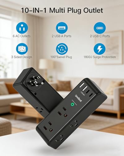 Image of Surge Protector Outlet Extender with Rotating Plug, 6 AC Multi Plug Outlet with 4 USB Ports (2 USB C), 3-Sided 1800 J Swivel Power Strip with Spaced Outlet Splitter for Home Dorm, Black, 2 Pack