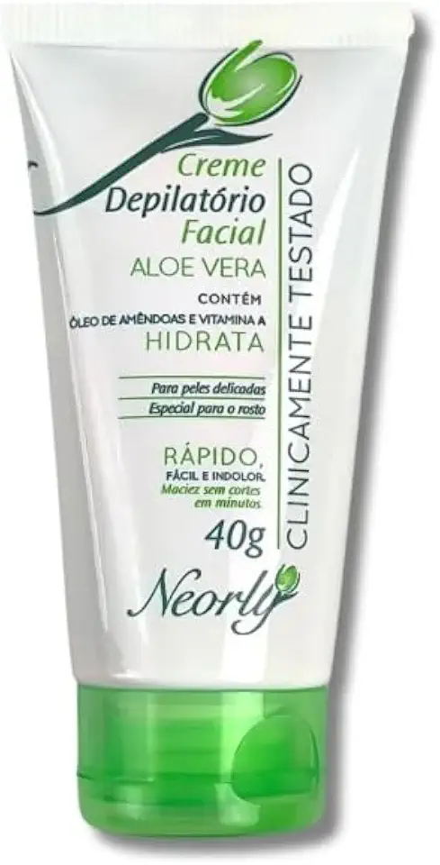 Creme Depilatório Facial Neorly Aloe Vera com Vitamina A 40g remove pelos do rosto de forma suave e eficaz hidrata enquanto depila indicado para todos os tipos de pele dermatologicamente testado