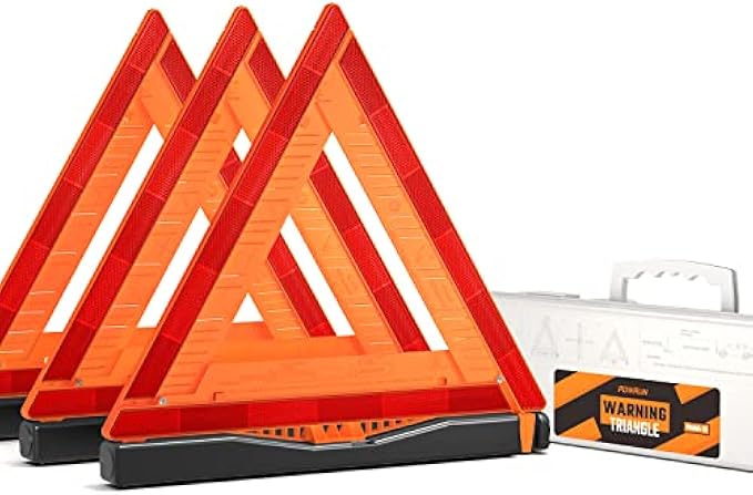 Powrun S1 3-Pack Safety Triangles DOT Approved, Foldable Warning Reflective Triangles with Carrying Case, Heavy Base Emergency Roadside Triangles for Vehicles Breakdown