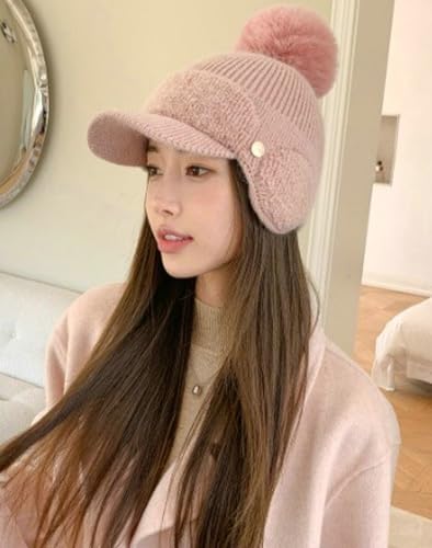 Women Winter Warm Knitted Hats Trendy Thick Visor Cap Coldproof Ski Hat Ear Protection Pompom2
