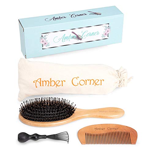 Amber Corner Boar Bristle Hairbrush with Detangling Comb, Brush Cleaner, for Women and Men - Professional, Wooden Paddle Brushes with Natural Bristles to Condition Hair - Premium Styling Tools Set