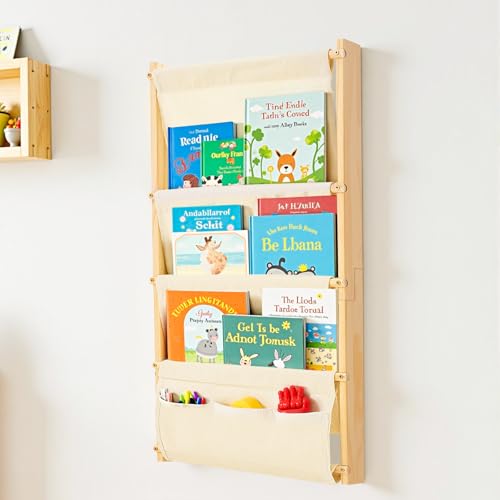 Geelin Wood 4 Tier Wall Mounted Kids Bookshelf Floating Shelf for Books, Space Saving Organizer for Nursery, Classroom, Toddler Rooms, Bookcase