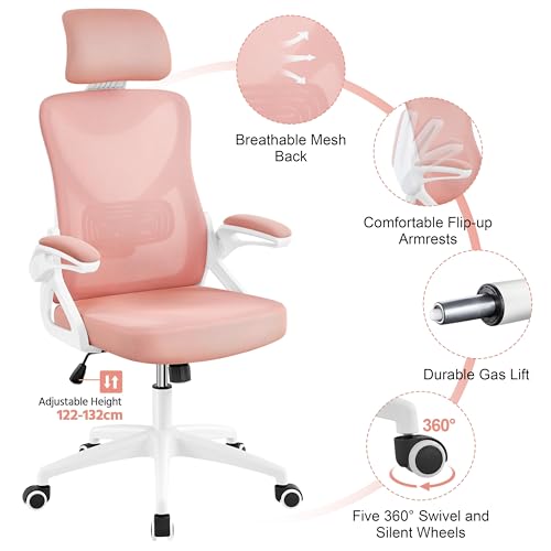Image of Yaheetech Ergonomic Office Chair with Headrest, Lumbar Support, White /Pink | Breathable mesh high-back adjustable headrest, padded seat, and flip-up armrests supports your back and neck, holds 300lb