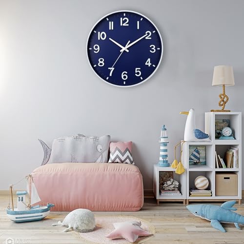 Image of HZDHCLH Navy Blue Wall Clocks Battery Operated,12 inch Silent Non Ticking Modern Wall Clock for Living Room Bedroom Kitchen Office Classroom Decor