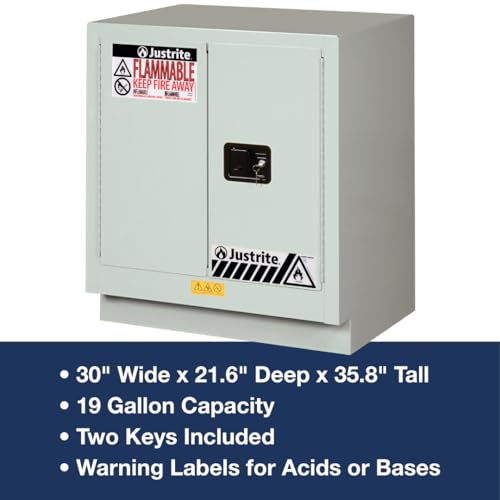 Image of Justrite Acid Corrosive Storage Cabinet - 19 Gallon 2 Door Manual Close Chemical Storage Cabinet with ChemCor Coating - 22 inch x 36 inch x 30 inch - Made in The USA - Light Neutral - 8831072