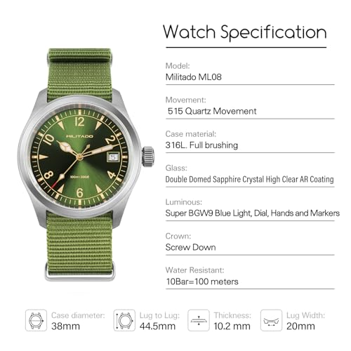 Image of TACTICAL FROG Militado ML08 Field Watch Japanese Sweep VH31 / 515 Movt with Calendar, Men's Military Watch Sapphire Crystal 10 ATM Waterproof Analog Watches for Men