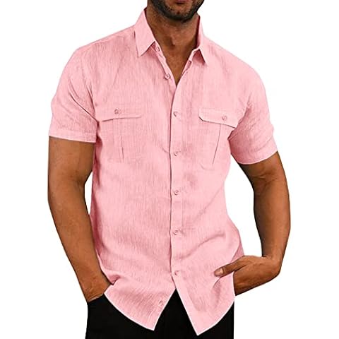 Pengfei Mens Short Sleeve Shirts Linen Cotton Button Down Tees Spread Collar Plain Shirts, A-pink, Medium Cover
